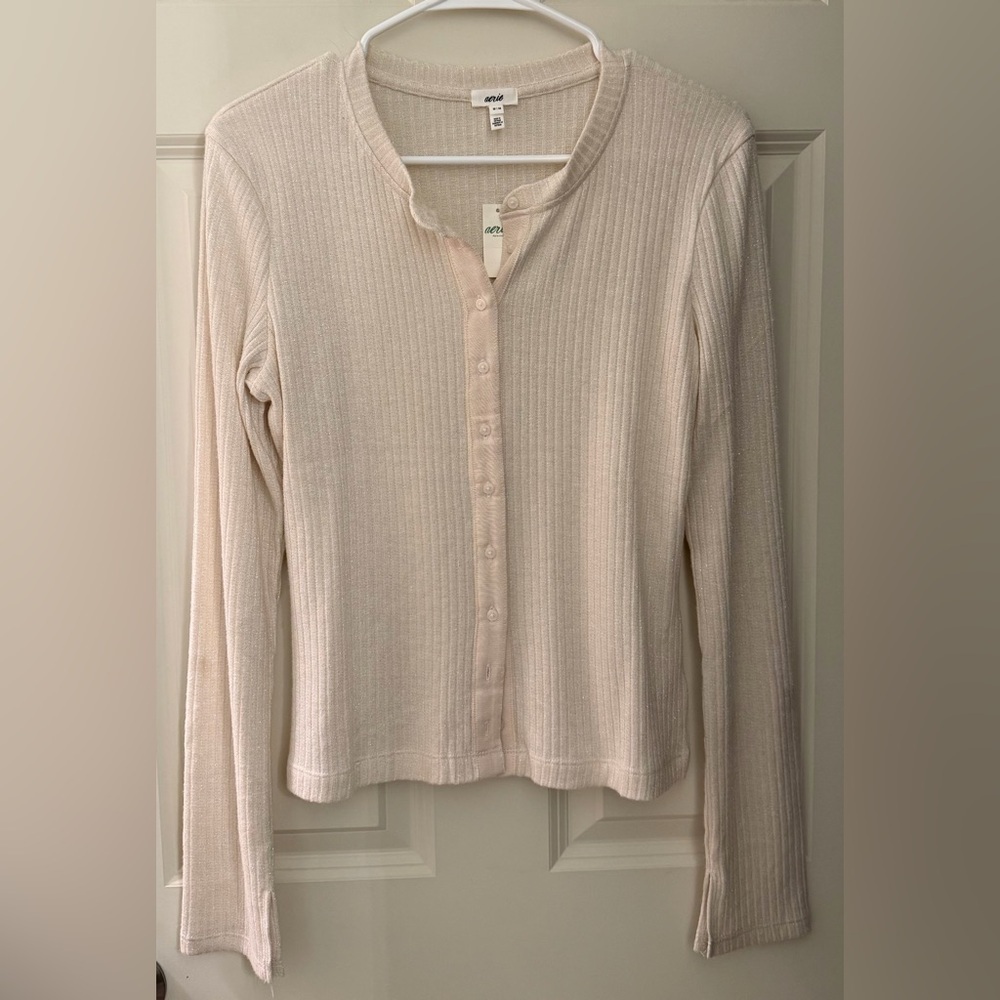 NWT Aerie Button Front Sparkly Cardigan, Ivory, M